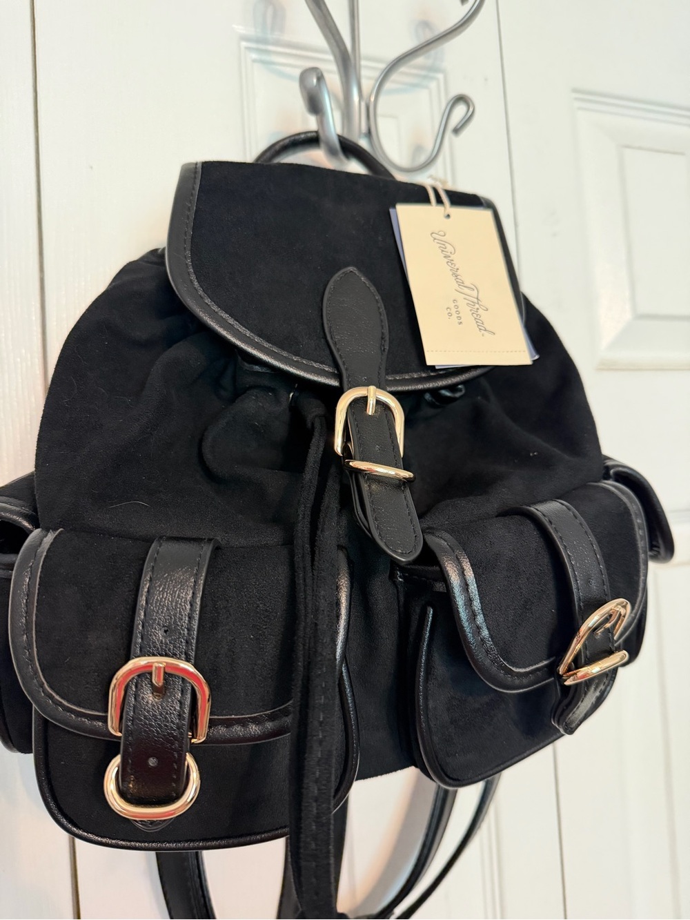 Black Suede Drawstring Backpack with Gold Buckles
